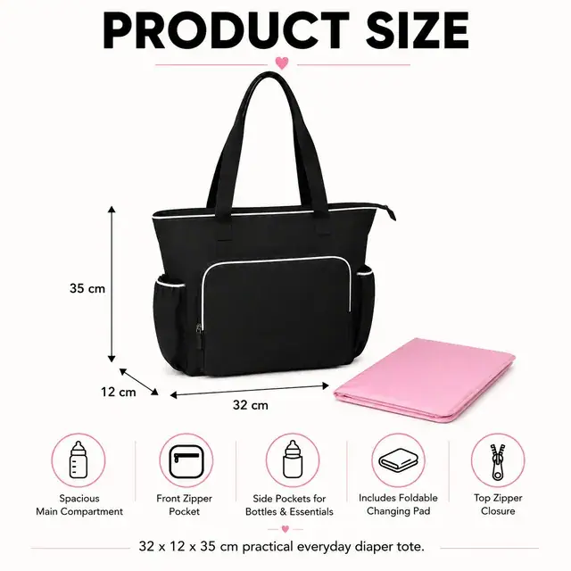 Spacious Baby Diaper Tote Bag — 32 x 12 x 35 cm — construction detail 1