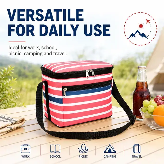 Striped Insulated Lunch Bag with Adjustable Shoulder Strap (420D PVC, 23x17x20cm) — construction detail 4
