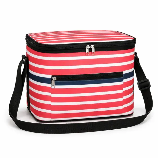 Striped Insulated Lunch Bag with Adjustable Shoulder Strap (420D/PVC, 35x26x32cm) — product view