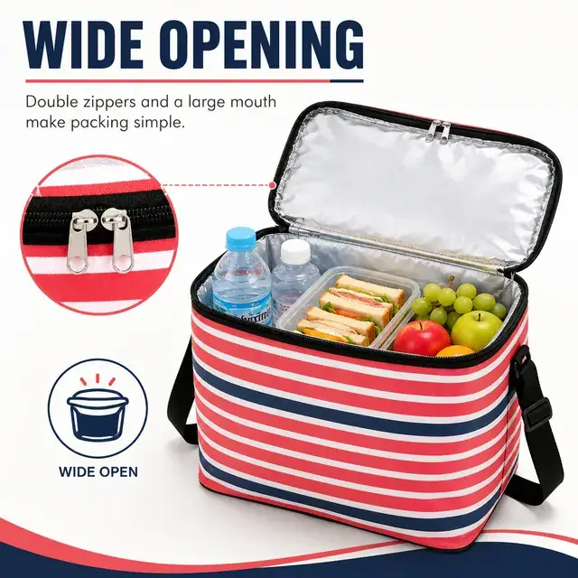 Striped Insulated Lunch Bag with Adjustable Shoulder Strap (420D/PVC, 35x26x32cm) — construction detail 1