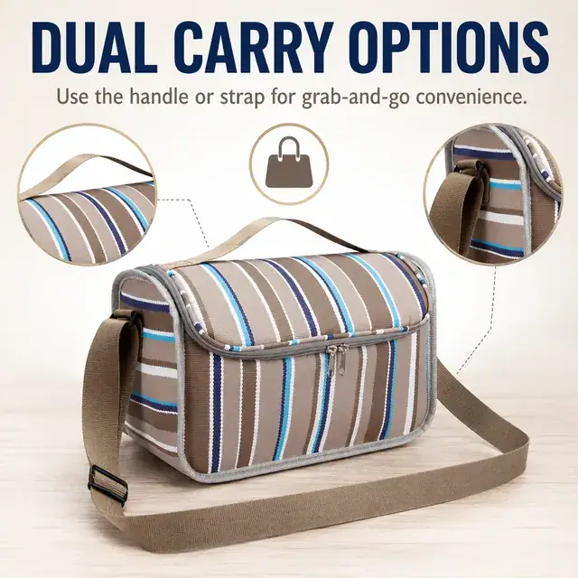 Striped Insulated Lunch Bag with Adjustable Shoulder Strap (600D PVC, 23x17x19.5cm) — construction detail 1