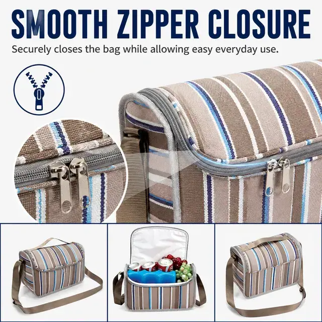 Striped Insulated Lunch Bag with Adjustable Shoulder Strap (600D PVC, 23x17x19.5cm) — construction detail 3