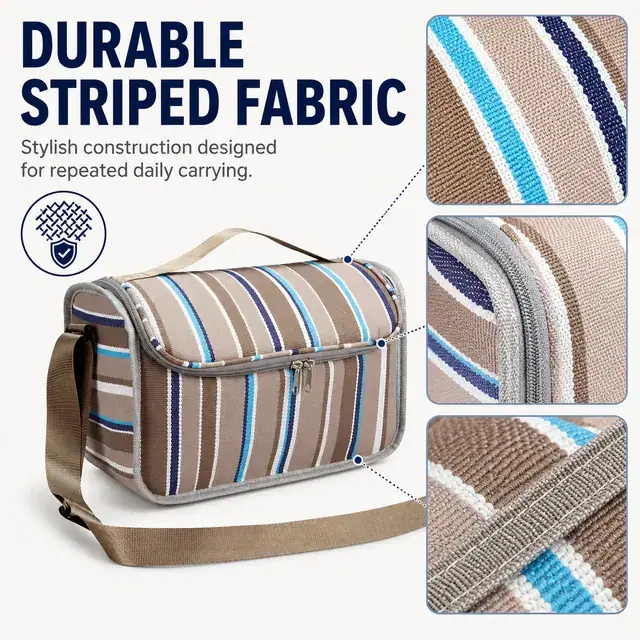 Striped Insulated Lunch Bag with Adjustable Shoulder Strap (600D PVC, 23x17x19.5cm) — construction detail 4
