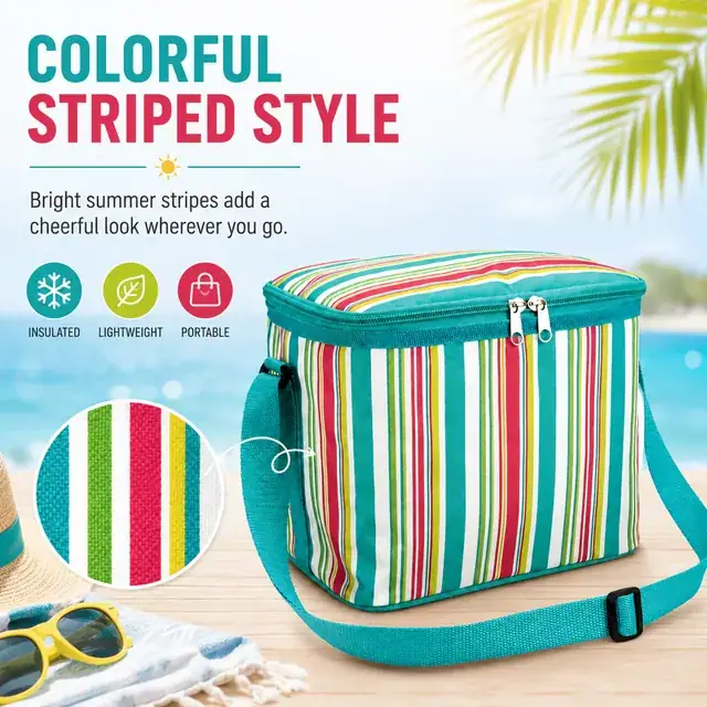 Striped Insulated Lunch Bag with Adjustable Shoulder Strap (600D/PU, 30x14x19cm) — construction detail 1