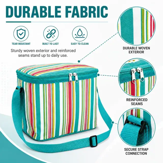 Striped Insulated Lunch Bag with Adjustable Shoulder Strap (600D/PU, 30x14x19cm) — construction detail 2
