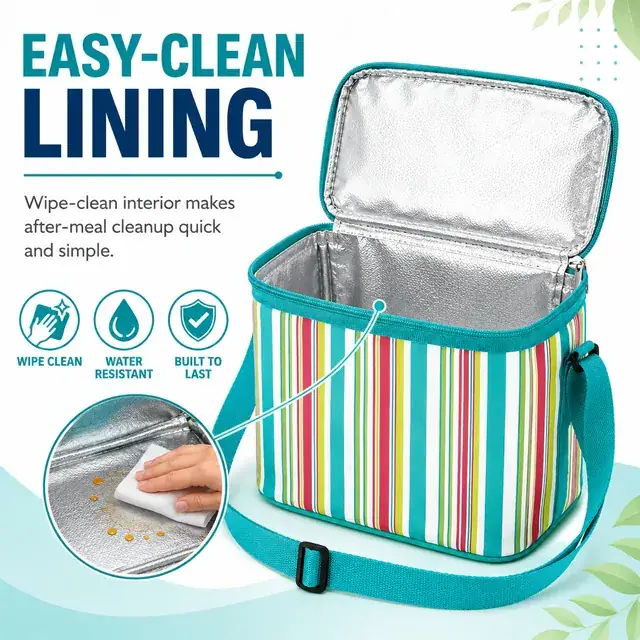 Striped Insulated Lunch Bag with Adjustable Shoulder Strap (600D/PU, 30x14x19cm) — construction detail 3