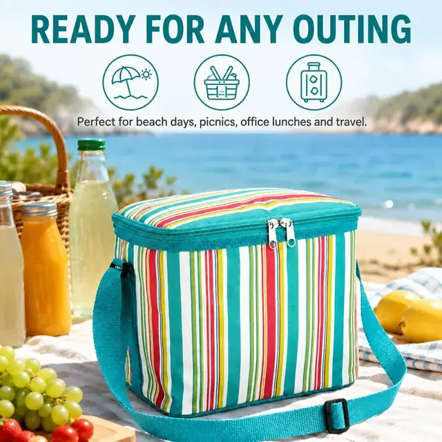 Striped Insulated Lunch Bag with Adjustable Shoulder Strap (600D/PU, 30x14x19cm) — construction detail 4