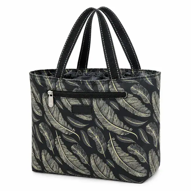 Stylish Feather Print Insulated Lunch Bag with Zipper Closure (Microfiber Drawstring) — product view