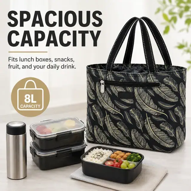 Stylish Feather Print Insulated Lunch Bag with Zipper Closure (Microfiber Drawstring) — construction detail 1