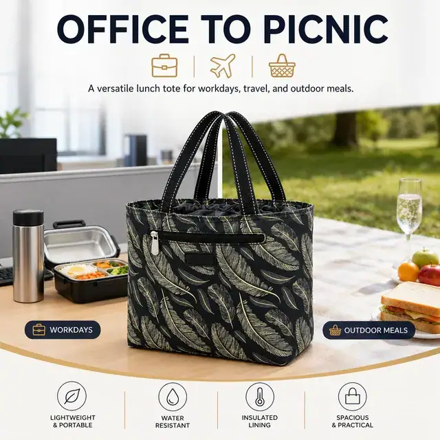 Stylish Feather Print Insulated Lunch Bag with Zipper Closure (Microfiber Drawstring) — construction detail 2