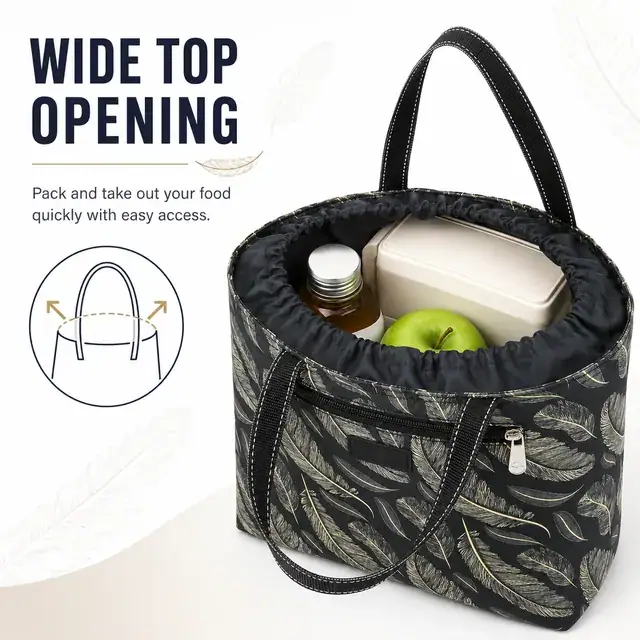 Stylish Feather Print Insulated Lunch Bag with Zipper Closure (Microfiber Drawstring) — construction detail 3