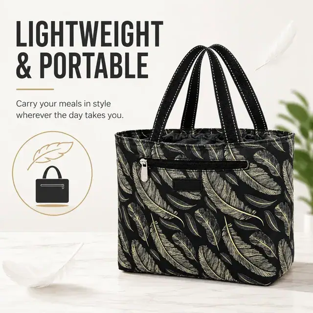 Stylish Feather Print Insulated Lunch Bag with Zipper Closure (Microfiber Drawstring) — construction detail 4