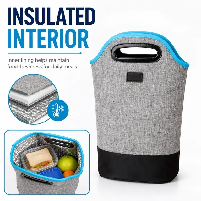 Stylish Gray Insulated Lunch Bag with Carry Handle (600D Two-Tone Polyester/PVC) — construction detail 2
