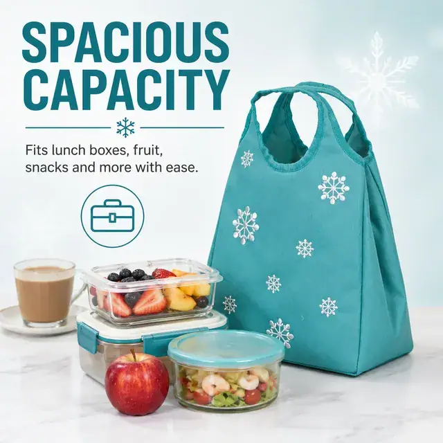 Teal Insulated Lunch Bag with Snowflake Embroidery Design (600D Polyester, 22x12x26cm) — construction detail 1