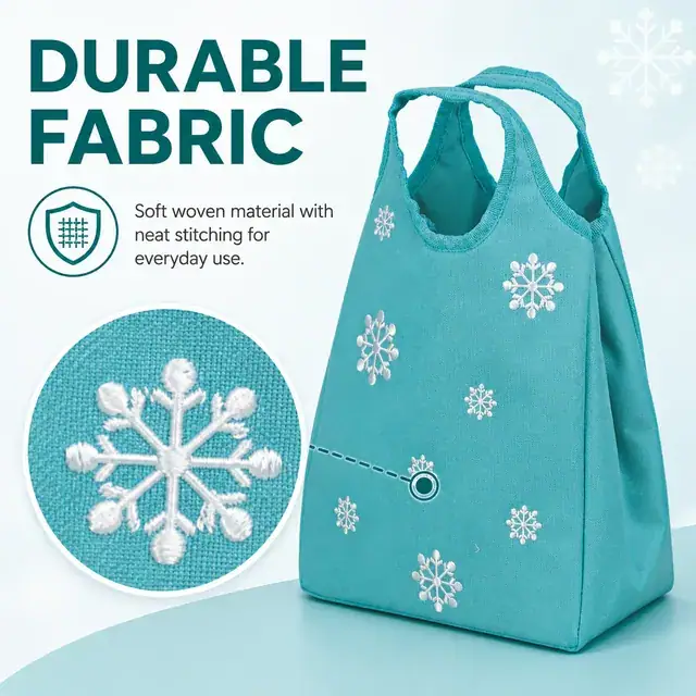 Teal Insulated Lunch Bag with Snowflake Embroidery Design (600D Polyester, 22x12x26cm) — construction detail 2