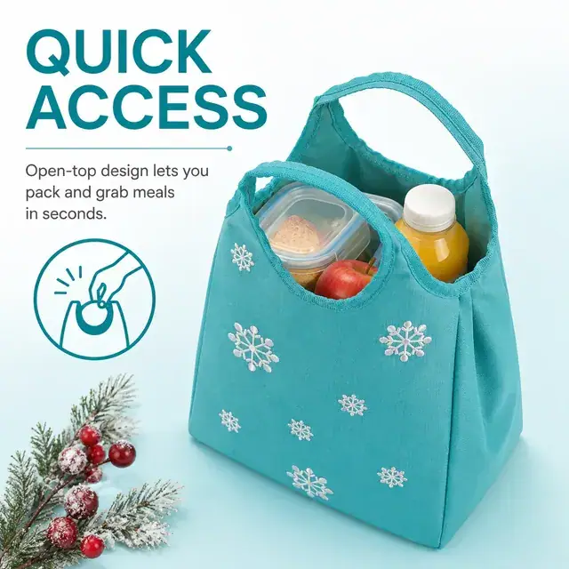 Teal Insulated Lunch Bag with Snowflake Embroidery Design (600D Polyester, 22x12x26cm) — construction detail 3