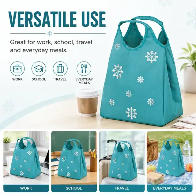 Teal Insulated Lunch Bag with Snowflake Embroidery Design (600D Polyester, 22x12x26cm) — construction detail 4
