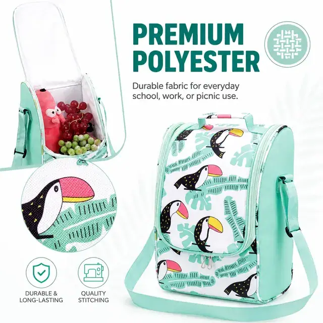 Toucan Print Insulated Lunch Bag with Adjustable Strap (Polyester, 22x15.5x34cm) — construction detail 1