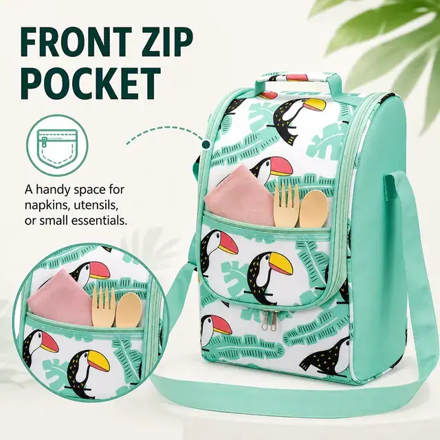 Toucan Print Insulated Lunch Bag with Adjustable Strap (Polyester, 22x15.5x34cm) — construction detail 3