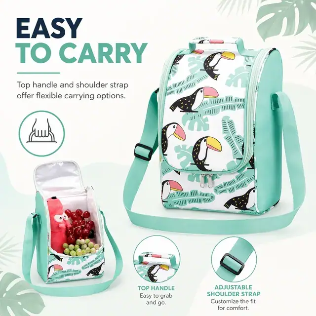 Toucan Print Insulated Lunch Bag with Adjustable Strap (Polyester, 22x15.5x34cm) — construction detail 4