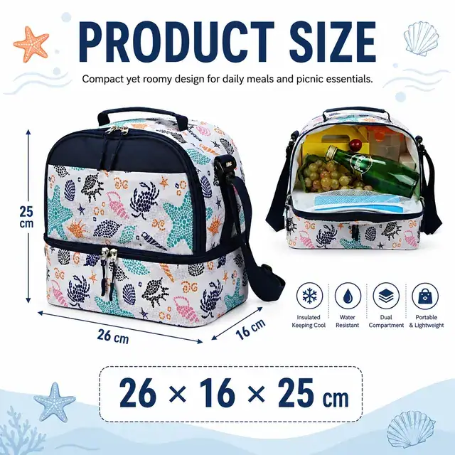 Travel Picnic Lunch Cooler Bag - Insulated Thermal Food Bag (Microfiber & 600D Polyester, 26x16x25cm) — construction detail 1
