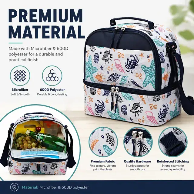 Travel Picnic Lunch Cooler Bag - Insulated Thermal Food Bag (Microfiber & 600D Polyester, 26x16x25cm) — construction detail 2
