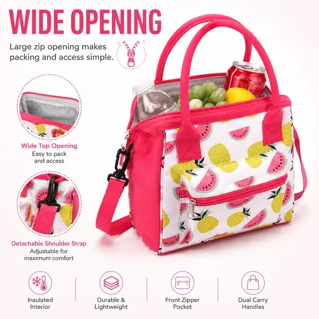 Watermelon and Pineapple Print Insulated Lunch Bag with Strap — construction detail 1