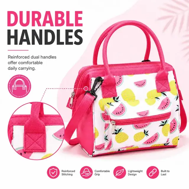 Watermelon and Pineapple Print Insulated Lunch Bag with Strap — construction detail 2