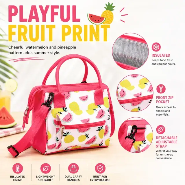 Watermelon and Pineapple Print Insulated Lunch Bag with Strap — construction detail 4