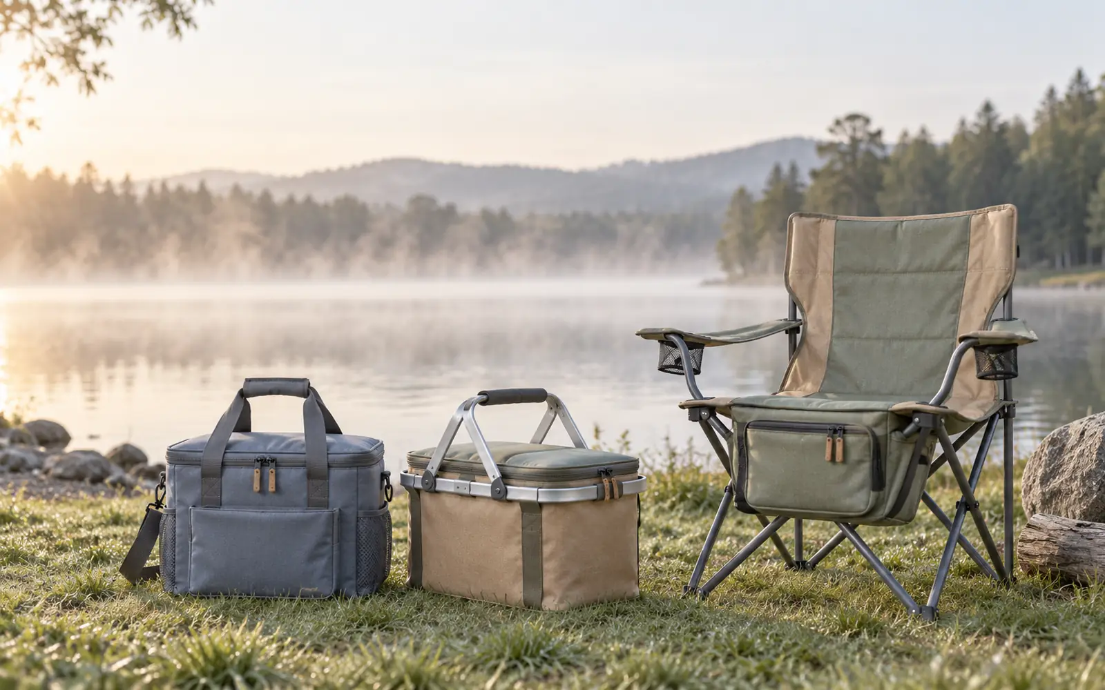 Soft cooler bag, folding cooler basket and chair cooler set up on grass beside a lake