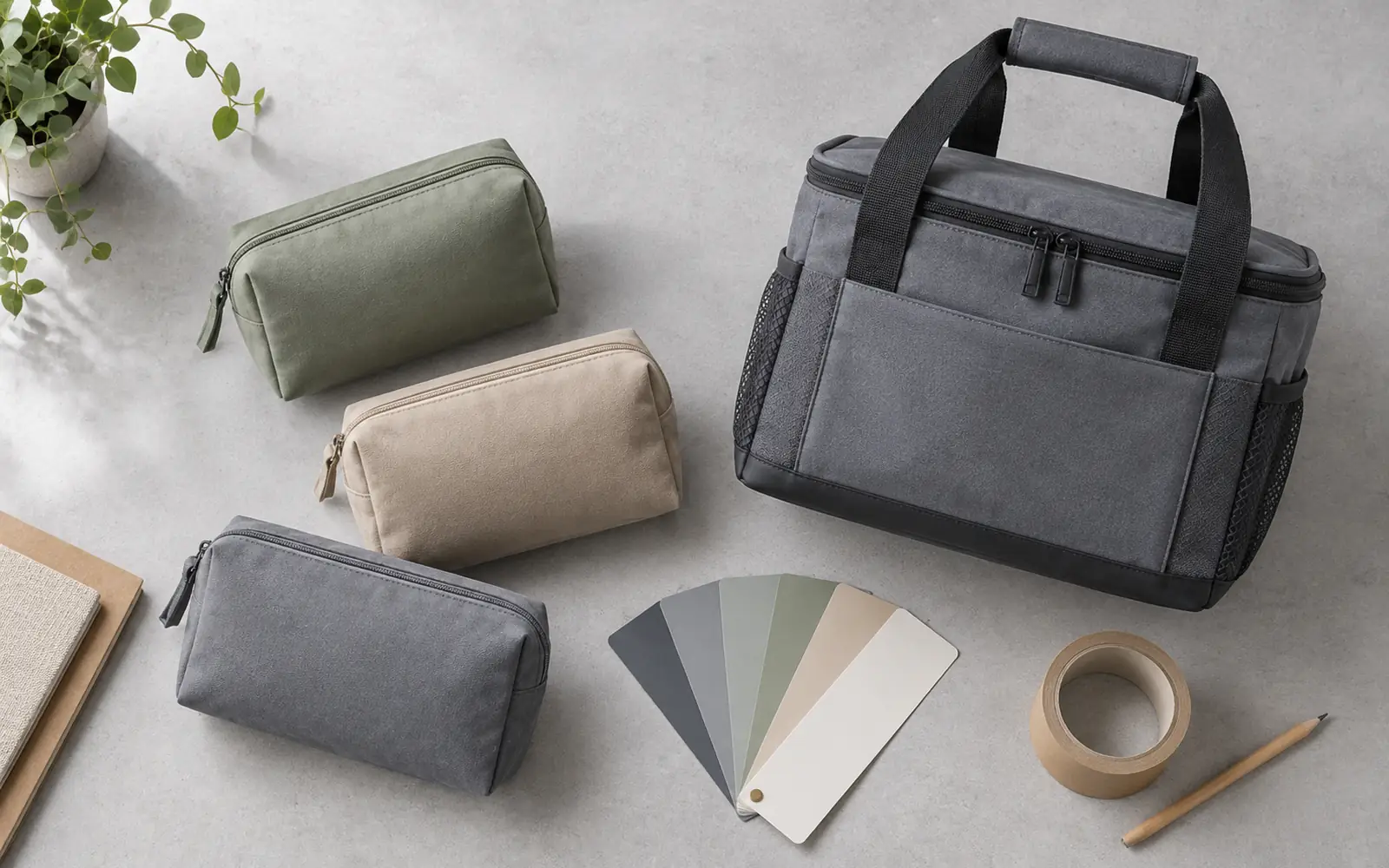 Unbranded cosmetic pouches, a cooler tote and colour swatch cards laid out on a pale grey desk