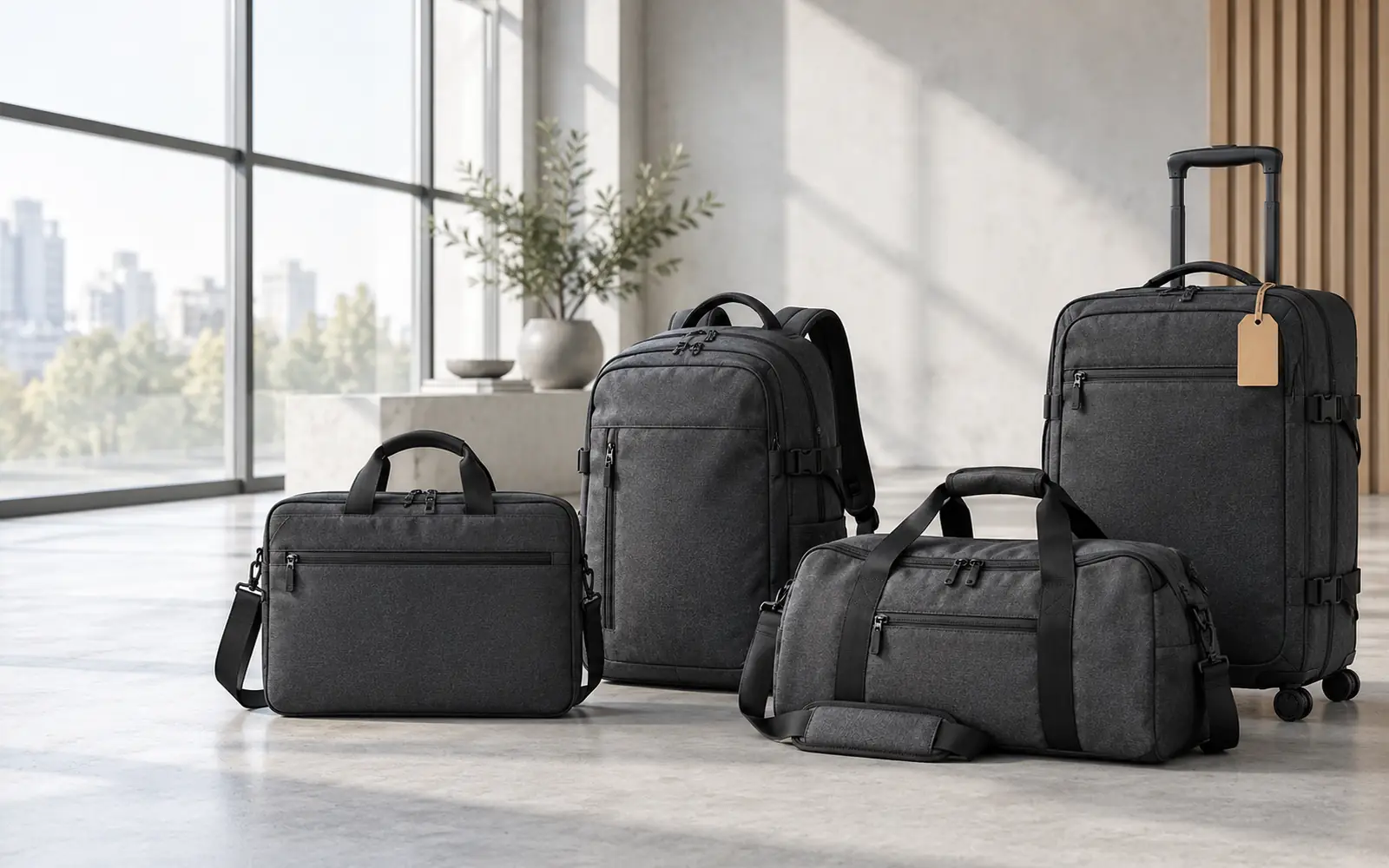 Laptop bag, backpack, gym duffel and wheeled trolley in matching charcoal fabric in a bright studio